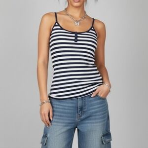 Y2K Vintage Old Navy White Stripped Thin Strap Henley Ribbed Tank Top Size M